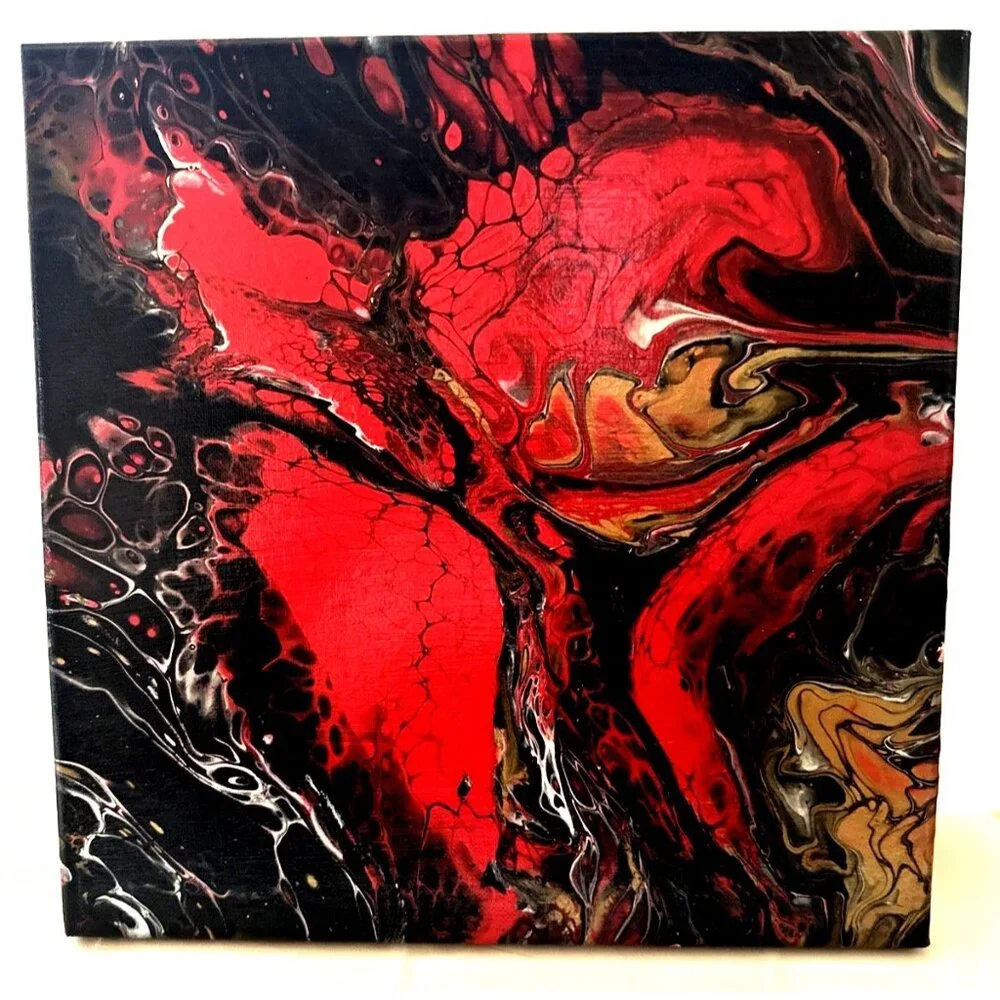 Original Handmade Acrylic Pour Art Painting Black Red 12"x12" - Picture 3 of 5